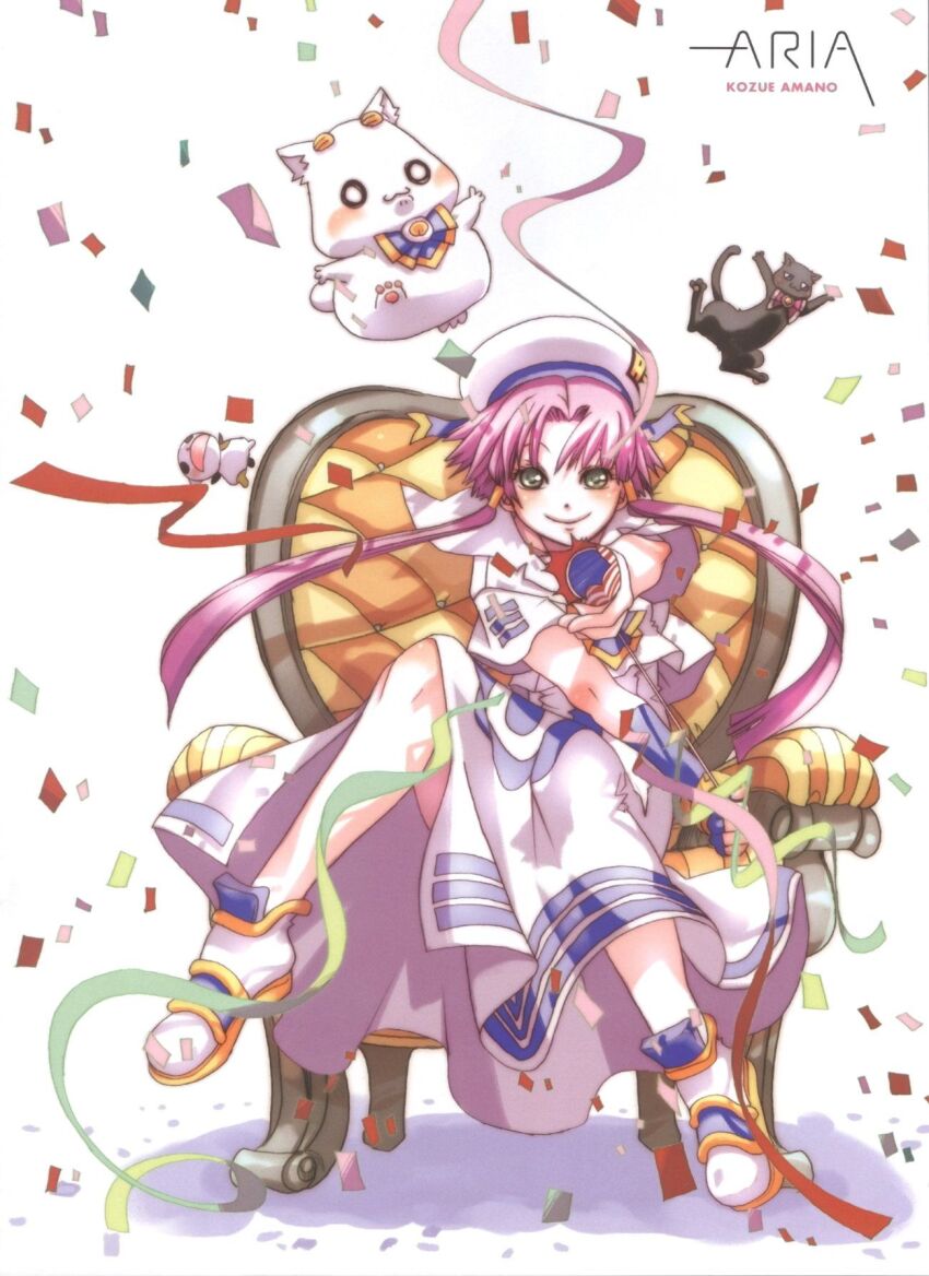 1girl amano_kozue aria_(manga) aria_company_uniform aria_pokoteng cat chair hat highres long_skirt mizunashi_akari party_popper pink_hair shoes short_hair_with_long_locks short_sleeves sitting skirt tagme