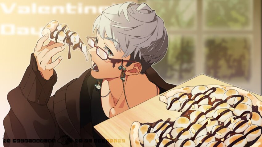 1boy arurandeisu black_shirt blurry blurry_background brown-framed_eyewear brown_cardigan cardigan chocolate_syrup collarbone eating eyewear_strap food glasses green_eyes grey_hair holding holding_food holding_tray holostars indoors looking_at_viewer lower_teeth_only male_focus marshmallow muntins open_cardigan open_clothes open_mouth pizza samurai10932 shirt short_hair sideways_glance sleeves_past_wrists solo teeth tray undercut upper_body valentine virtual_youtuber window wooden_tray