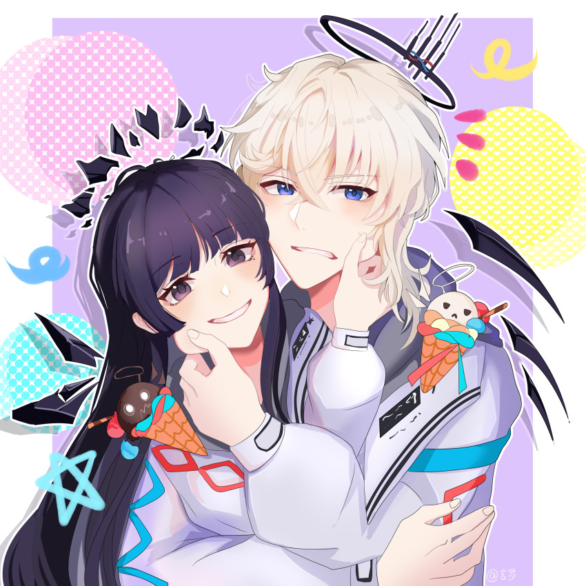 1boy 1girl absurdres ambience_synesthesia arknights black_hair black_halo blue_eyes cheek_pinching chinese_commentary commentary_request cousins crossed_bangs detached_wings executor_(arknights) fingernails grey_jacket hair_between_eyes halo highres jacket long_hair long_sleeves looking_at_viewer medium_hair mutual_cheek_pinching official_alternate_costume pinching purple_eyes squiggle star_(symbol) teeth upper_body virtuosa_(arknights) white_hair wings yanluoaaa