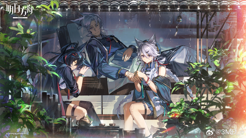 1boy 2girls 3mo animal_ear_fluff animal_ears arknights artist_name bell blaze_(arknights) braid cat_ears cat_girl character_request chinese_commentary commentary_request copyright_name drawing_on_another hair_between_eyes highres infection_monitor_(arknights) lying multiple_girls official_art on_back one_eye_closed plant pleated_skirt rain shirt single_thighhigh skirt sleeping sleeveless sleeveless_shirt thigh_strap thighhighs twin_braids watch white_shirt wristwatch
