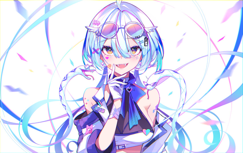 1girl 2025 :d ahoge bandaid bandaid_on_cheek bandaid_on_face bare_shoulders blue_bow blue_hair blush bow breasts buckle cawang chinese_zodiac commentary crop_top detached_sleeves earrings english_commentary eyewear_on_head facial_mark fangs glasses gloves hair_between_eyes hair_ornament hand_up heart highres jewelry long_hair long_sleeves looking_at_viewer medium_breasts open_mouth original sideboob simple_background smile snake solo star-shaped_eyewear star_(symbol) sunglasses teeth twintails upper_body upper_teeth_only very_long_hair white-framed_eyewear white_background white_gloves wristband x_hair_ornament year_of_the_snake yellow_eyes