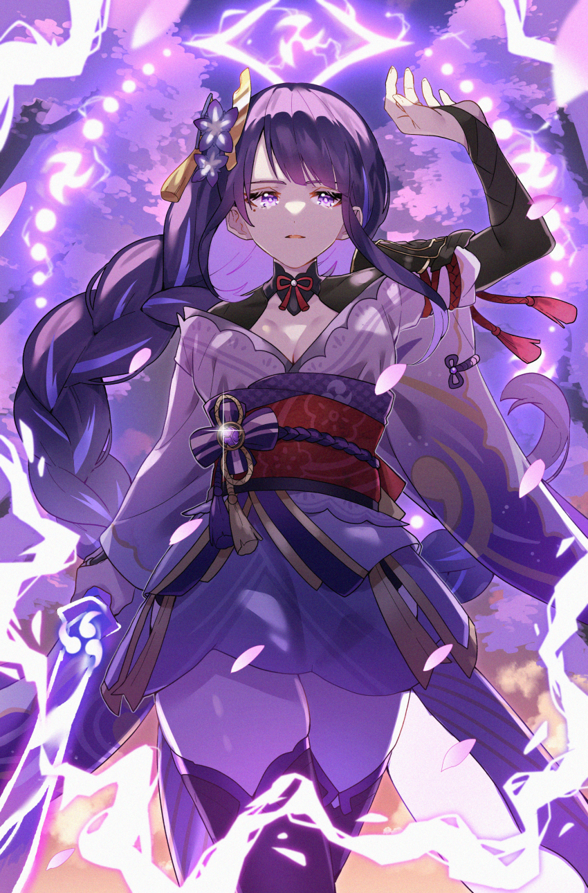 1girl absurdres akane_yuki_(yukito0306) armor black_thighhighs blunt_bangs breasts bridal_gauntlets cherry_blossoms cleavage commentary_request dappled_sunlight electricity falling_petals flower flower_ornament genshin_impact glowing glowing_sword glowing_weapon hair_ornament highres holding holding_sword holding_weapon japanese_clothes katana kimono large_breasts looking_at_viewer mitsudomoe_(shape) mole mole_under_eye multicolored_hair night night_sky off_shoulder open_mouth outdoors petals pink_petals purple_flower purple_hair purple_kimono raiden_shogun red_sash sash shoulder_armor sky solo standing streaked_hair sunlight sword thick_thighs thighhighs thighs tomoe_(symbol) weapon