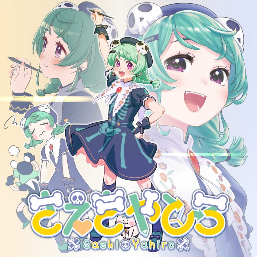 1girl arm_up arms_up beret blue_background blue_dress blue_socks blush braid character_name clenched_hands commentary_request disembodied_hand dog dress frown frustrated glint gradient_background green_footwear green_hair hand_on_own_hip hand_up hat hat_ornament highres holding holding_stylus indie_virtual_youtuber kneehighs long_hair looking_at_viewer low_twin_braids magari_(c0rn3r) multiple_views open_mouth projected_inset puff_of_air puffy_short_sleeves puffy_sleeves purple_eyes red_brooch saeki_yahiro shoes short_sleeves skeleton_print skull_hat_ornament smile socks squiggle standing stylus twin_braids virtual_youtuber yellow_background