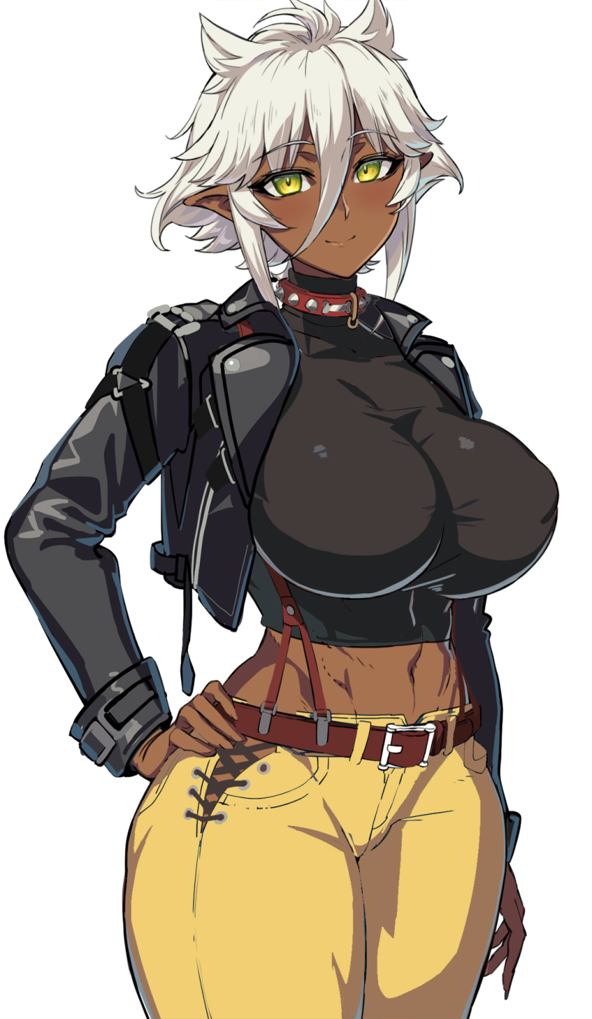 1girl belt black_jacket black_shirt breasts collar dark-skinned_female dark_skin demon_girl female_focus green_eyes hand_on_own_hip highres horns huge_breasts jacket leather leather_jacket looking_at_viewer midriff navel ookuma_nekosuke pants pointy_ears shinmai_maou_no_testament shirt short_hair smile solo standing thick_thighs thighs white_hair yellow_eyes yellow_pants zest