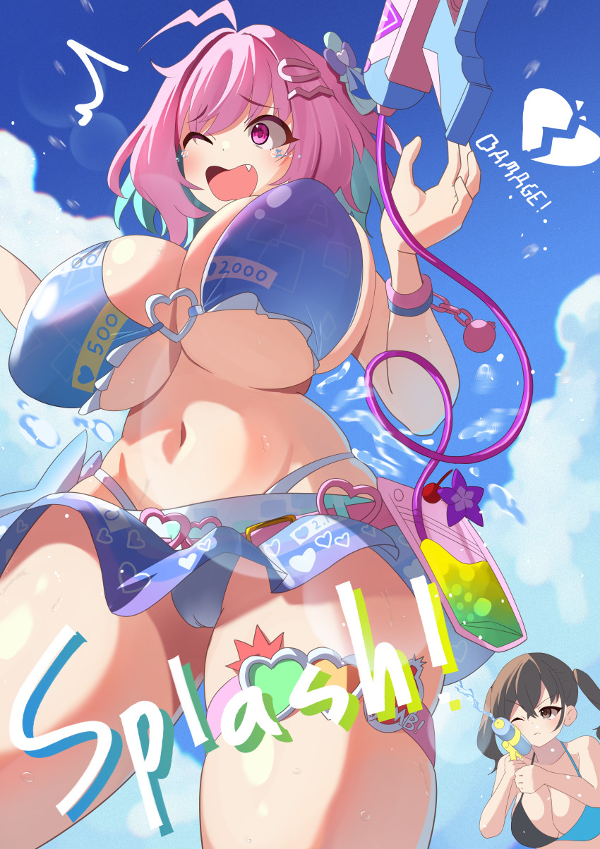 2girls ^^^ absurdres ahoge aqua_hair bare_shoulders bikini black_bikini blue_bikini blue_bow blue_skirt blue_sky blush bow breasts broken_heart brown_eyes brown_hair cameltoe closed_mouth cloud cloudy_sky colored_inner_hair commission day fang hair_between_eyes hair_bow heart heart_o-ring highres holding holding_water_gun huge_breasts idolmaster idolmaster_cinderella_girls idolmaster_cinderella_girls_starlight_stage long_hair medium_hair multicolored_bikini multicolored_hair multiple_girls navel o-ring o-ring_bikini o-ring_thigh_strap one_eye_closed open_mouth outdoors pink_eyes pink_hair pixiv_commission print_bikini satoyama_meu skin_fang skirt sky solo_focus stomach sunazuka_akira swimsuit tearing_up tears thigh_strap thighs twintails two-tone_bikini two-tone_hair water_gun yumemi_riamu