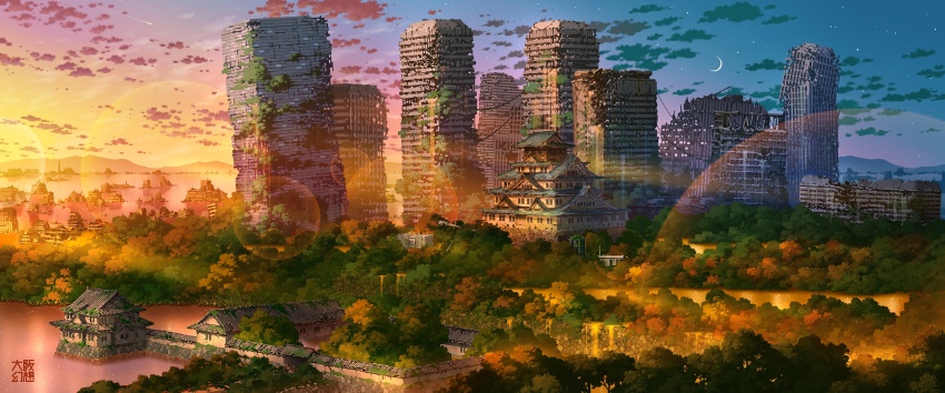 abandoned absurdres architecture blue_sky building cloud commentary_request crescent_moon dilapidated east_asian_architecture flood highres japanese_castle moon no_humans original outdoors overgrown plant post-apocalypse ruins scenery sky skyscraper tokyogenso tree vines water waterfall