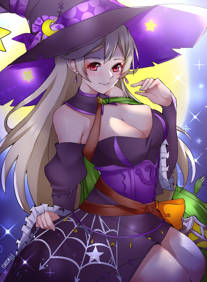 1340smile 1girl absurdres artist_name bare_shoulders breasts cleavage closed_mouth corrin_(female)_(fire_emblem) corrin_(female)_(halloween)_(fire_emblem) dress earrings fire_emblem fire_emblem_fates fire_emblem_heroes grey_hair hat highres jewelry large_breasts long_hair looking_at_viewer nintendo official_alternate_costume pointy_ears purple_dress purple_hat red_eyes smile solo star_(symbol) witch_hat