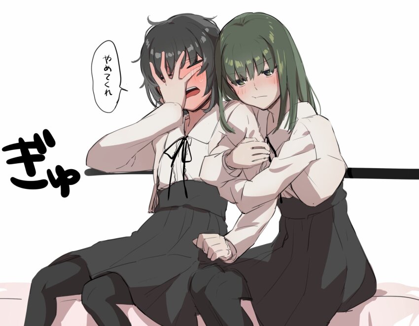 2girls :t arm_hug black_hair black_pantyhose black_skirt blush cheek-to-shoulder cheek_squash clenched_hand flowers_(innocent_grey) green_hair hand_on_own_face high-waist_skirt highres jacket long_sleeves medium_hair multiple_girls open_clothes open_jacket open_mouth pantyhose pleated_skirt school_uniform shirt shishima_eichi short_hair sitting skirt small_sweatdrop takasaki_chidori teeth upper_teeth_only white_background white_jacket white_shirt yaegaki_erika yuri