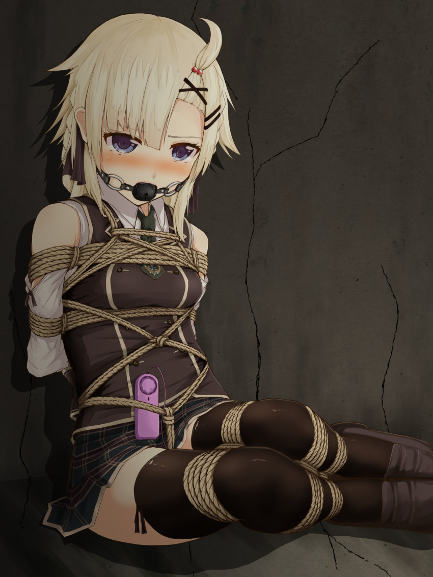 1girl against_wall arms_behind_back assault_lily ball_gag bangs_pinned_back bare_shoulders bdsm black_bow black_thighhighs black_vest blonde_hair blue_eyes blush bondage bound bound_arms bound_legs bow braid breasts brown_shoes buttons clothing_cutout collared_shirt commentary_request commission crack cracked_wall crotch_rope double-breasted feet_out_of_frame femuto furrowed_brow gag gagged green_necktie green_skirt hair_bow hair_ornament hairclip hibino_waku highres indoors loafers long_sleeves looking_at_viewer medium_hair miniskirt necktie nose_blush on_floor plaid_clothes plaid_skirt pleated_skirt remote_control_vibrator restrained saliva school_uniform sex_toy shadow shibari shibari_over_clothes shirt shoes short_necktie shoulder_cutout sitting skeb_commission skirt small_breasts solo thighhighs vest vibrator white_shirt wiffle_gag x_hair_ornament