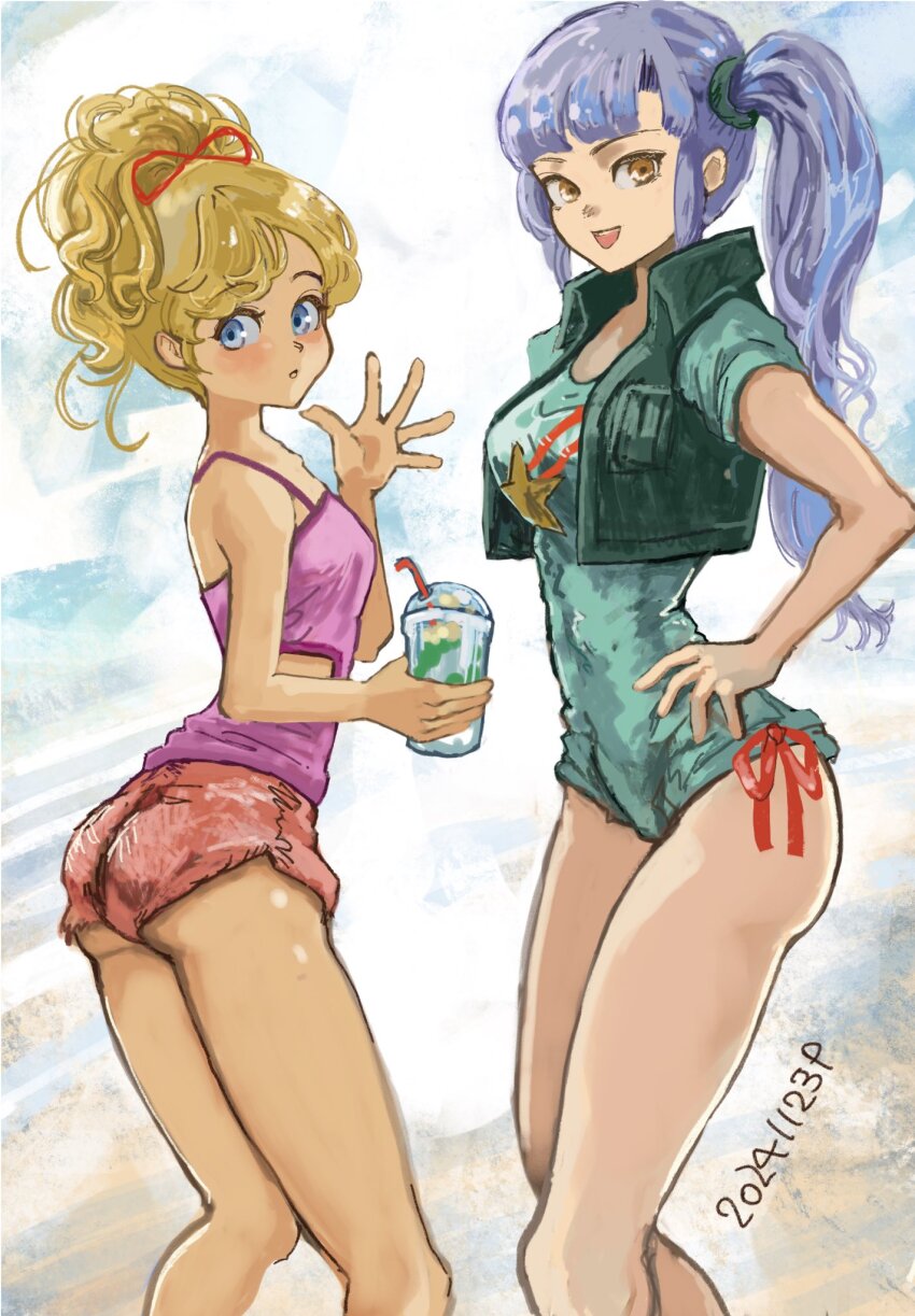 2girls blonde_hair blue_eyes cropped_legs cup disposable_cup drinking_straw elle_vianno gundam gundam_zz highres long_hair multiple_girls okrdisk2000 one-piece_swimsuit orange_hair purple_hair roux_louka shorts side_ponytail swimsuit tank_top