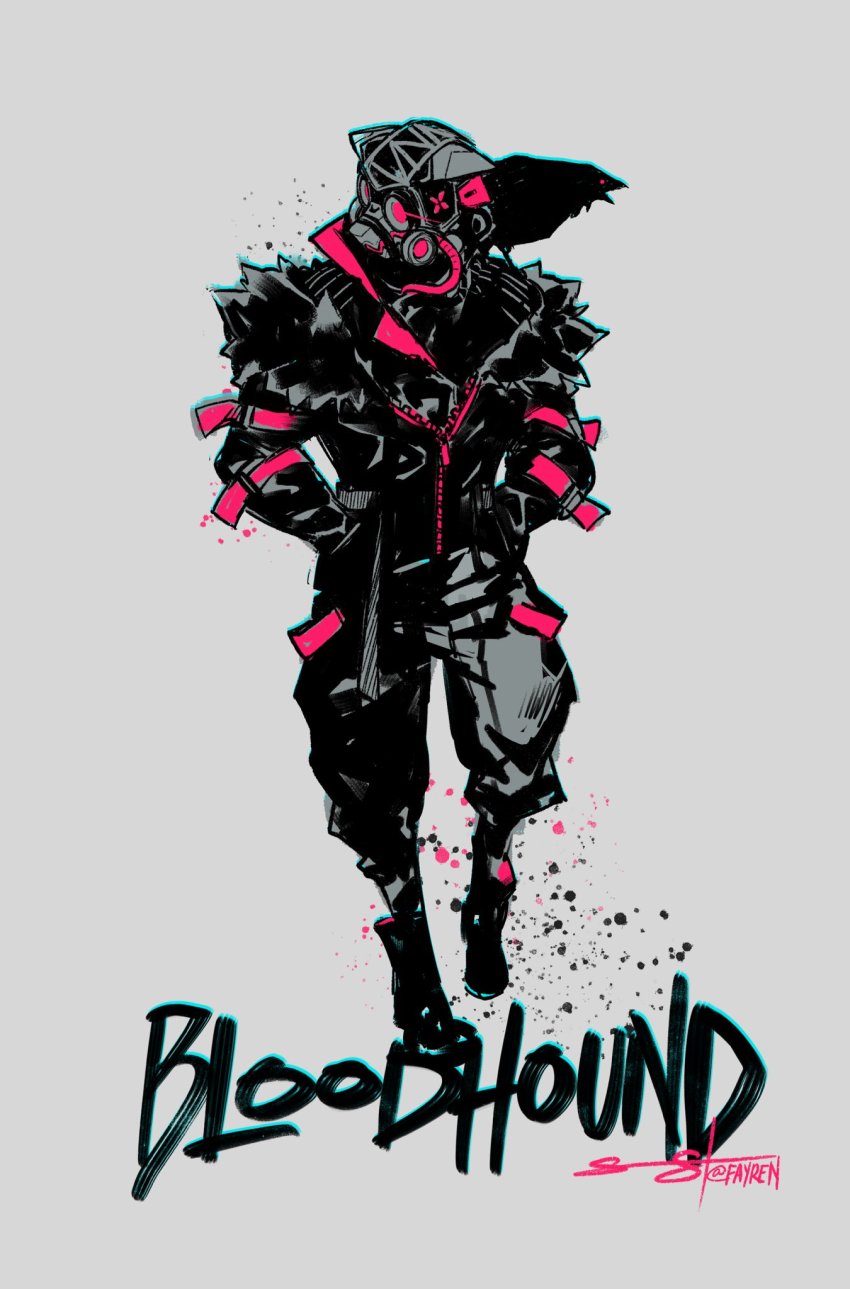 1other alternate_costume ambiguous_gender animal animal_on_shoulder apex_legends bird bird_on_shoulder bloodhound_(apex_legends) commentary crow english_commentary fur_trim gas_mask goggles grey_background hands_in_pocket hands_in_pockets helmet highres jacket looking_to_the_side mask open_mouth road_warrior_bloodhound sarah_stone solo spot_color walking