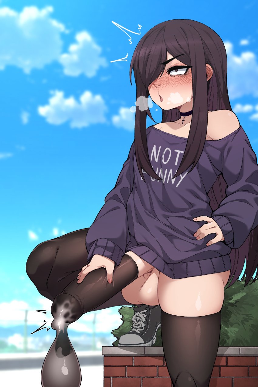 1boy absurdres black_choker black_eyes black_hair black_thighhighs blue_sky blurry blurry_background blush borrowed_character choker clothes_writing collarbone condom condom_on_penis cum ear_blush ejaculation hair_over_one_eye hand_on_own_hip highres huge_penis in_(ain) long_hair long_sleeves male_focus nose_blush original outdoors penis roland_(ms_pigtails) rolling_eyes shoes sidelocks sky sneakers solo testicles thighhighs trap used_condom used_condom_on_penis