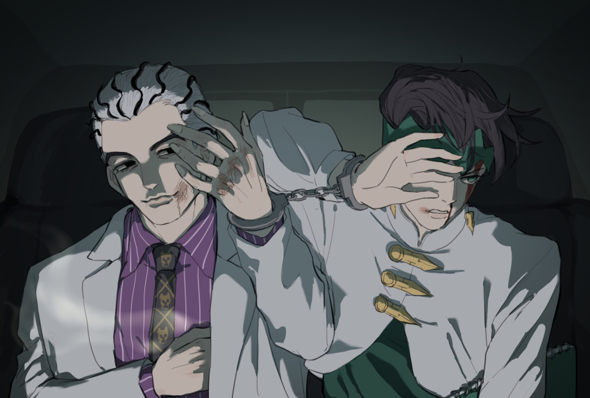 2boys black_hair blood blood_on_face bruise bruise_on_face cuffs diamond_wa_kudakenai earrings formal_clothes green_eyes hair_slicked_back handcuffs headband highres injury jewelry jojo_no_kimyou_na_bouken kawajiri_kosaku killerohan kira_yoshikage kishibe_rohan male_focus multiple_boys necktie nosebleed shading_face smirk suit white_hair widow&#039;s_peak