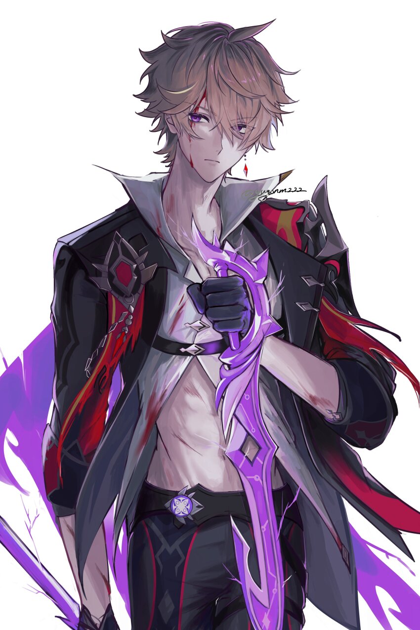1boy absurdres ahoge artist_name black_jacket black_pants bleeding blood blood_from_forehead blood_on_clothes blood_on_face cape closed_mouth collared_shirt commentary_request cowboy_shot cuts delusion_(genshin_impact) dual_wielding earrings electricity floating_earring frown genshin_impact hair_between_eyes hand_up highres holding holding_sword holding_weapon injury jacket jewelry looking_at_viewer male_focus navel open_clothes open_jacket orange_hair pants popped_collar purple_cape purple_eyes serious shirt short_hair simple_background single_earring solo standing stomach sword tartaglia_(delusion)_(genshin_impact) tartaglia_(genshin_impact) thigh_strap three-quarter_sleeves twitter_username weapon white_background white_shirt yugonm222