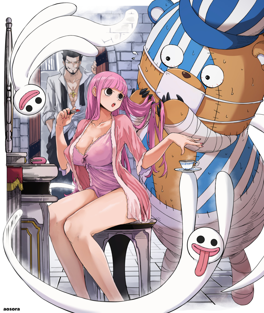 :o adjusting_another&#039;s_hair aosora2823 bandaged_arm bandages bare_legs blunt_bangs braiding_hair breasts brick_wall cleavage collarbone commentary_request commission cosmetics dracule_mihawk flying_sweatdrops ghost hairdressing highres holding holding_lipstick_tube indoors kumacy large_breasts lipstick_tube long_hair looking_at_another nervous_sweating one_piece perona pink_chemise pink_hair sitting skeb_commission stitched_face stitches straight_hair sweat very_long_hair wide-eyed