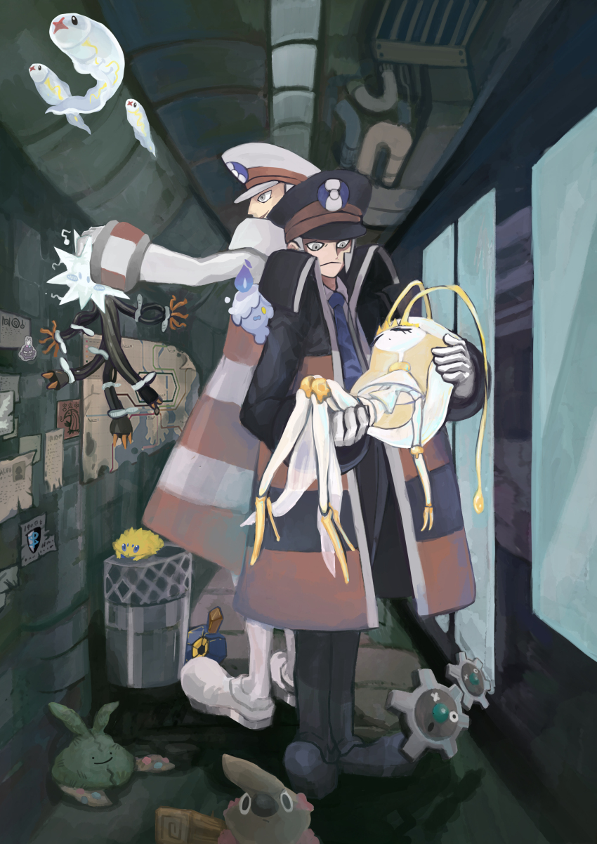 2boys absurdres antennae black_hat black_shoes blue_necktie carrying ditto emmet_(pokemon) full_body gen_1_pokemon gen_5_pokemon gen_7_pokemon gloves grey_hair hat highres ingo_(pokemon) joltik kappafarm klink litwick male_focus map_(object) multiple_boys necktie nintendo pheromosa pokemon pokemon_(creature) pokemon_bw princess_carry roggenrola shoes sideburns standing timburr transformed_ditto trash_can trubbish tynamo ultra_beast white_gloves white_hat white_shoes xurkitree