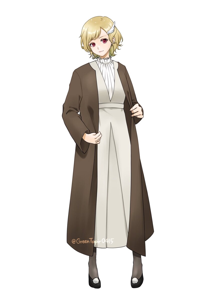 1girl alternate_costume blonde_hair brown_dress citrinne_(fire_emblem) dress earrings feather_hair_ornament feathers fire_emblem fire_emblem_engage hair_ornament highres hoop_earrings jewelry midori_no_baku mismatched_earrings nintendo red_eyes wing_hair_ornament