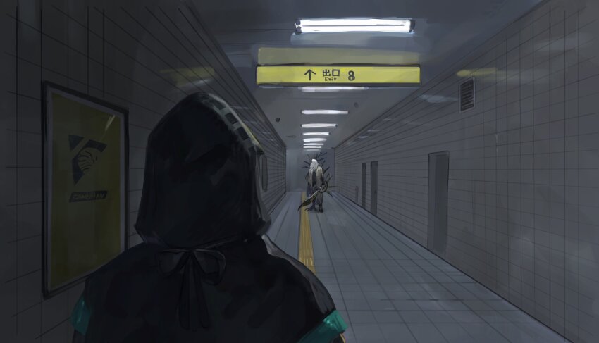 1boy 1other absurdres alternate_universe arknights ceiling_light covered_face doctor_(arknights) door exit_sign from_behind hallway highres holding holding_sword holding_weapon hood hood_up horror_(theme) indoors monsterification possessed possession poster_(object) ribbon standing sword the_exit_8 thorns_(arknights) tile_floor tile_wall tiles vent_(object) weapon yomotobi