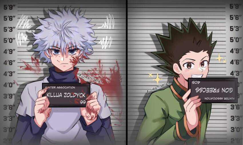 2boys absurdres barbie_mugshot_(meme) blood blue_eyes brown_eyes christyartist gon_freecss green_hair height_chart highres holding holding_sign hunter_x_hunter killua_zoldyck looking_at_viewer male_focus meme multiple_boys sign spiked_hair twitter_username white_hair