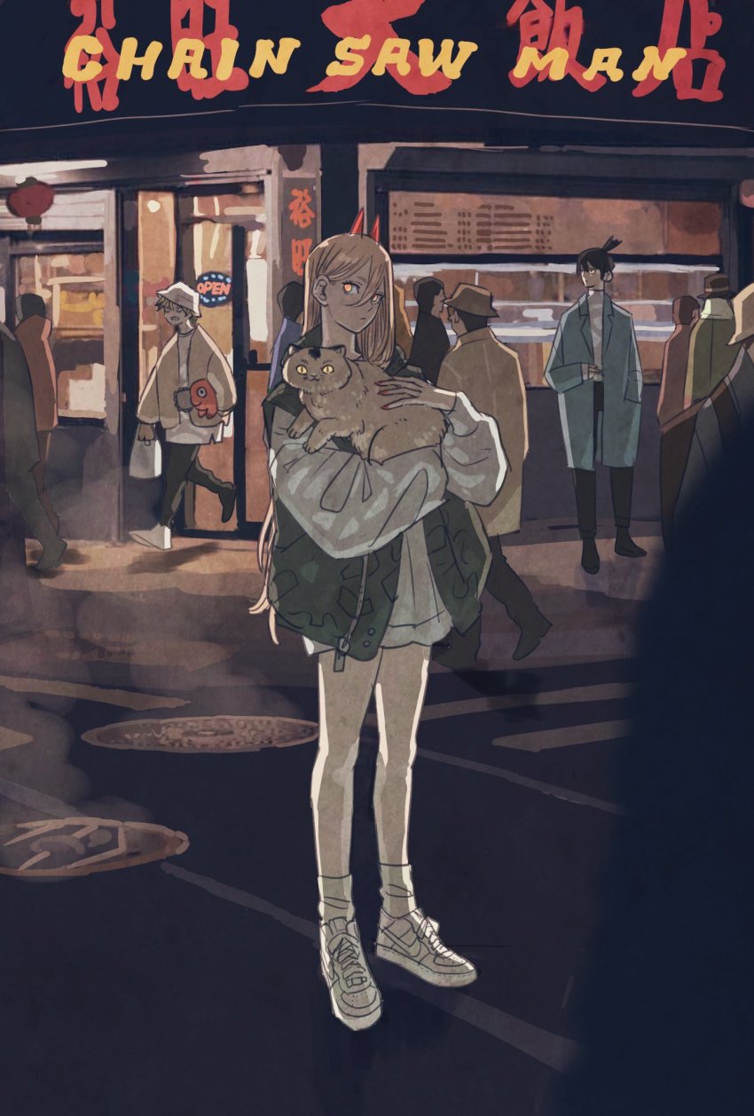 alternate_costume blonde_hair casual cat chainsaw_man copyright_name crosswalk demon_horns denji_(chainsaw_man) extra_ears full_body hair_between_eyes hayakawa_aki highres horns intersection looking_afar meowy_(chainsaw_man) nail_polish pochita_(chainsaw_man) power_(chainsaw_man) road shoes sneakers solo_focus standing steam takeuchi_ryousuke walking