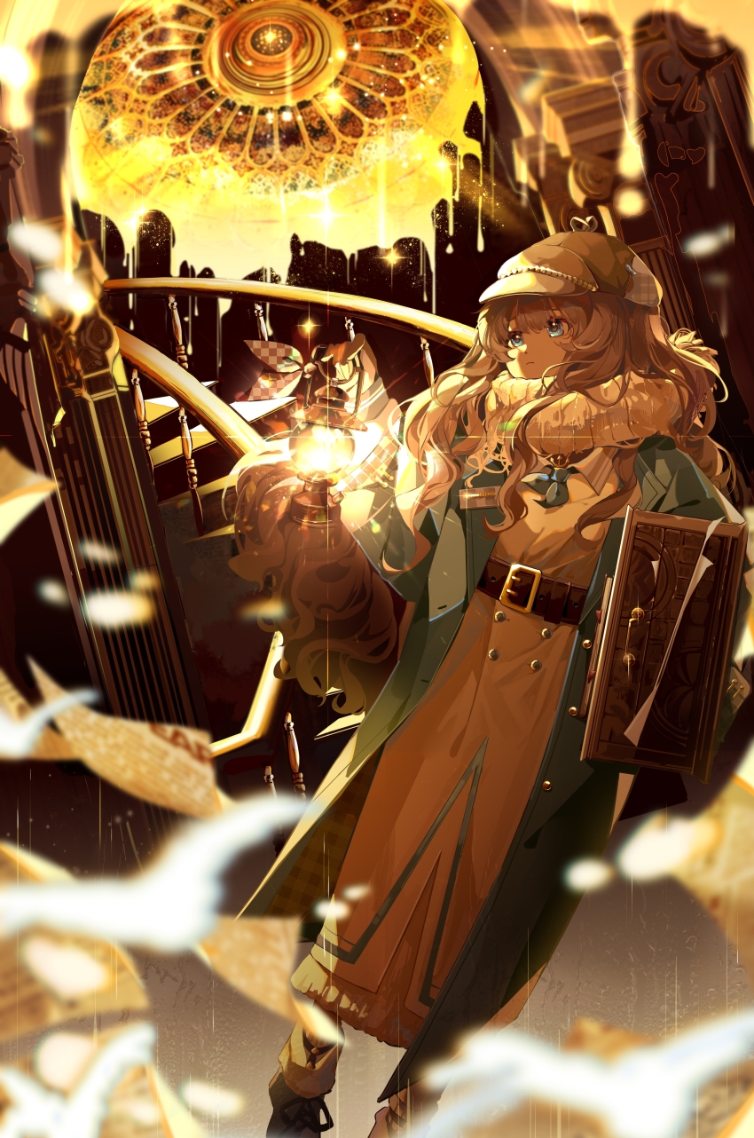 1girl absurdres ankle_boots belt blue_coat blue_eyes boots brown_belt brown_gloves brown_hair cabbie_hat closed_mouth coat column dark_background dome dress feet_out_of_frame flying_paper gloves grey_hat hat highres holding holding_lantern holding_suitcase lantern long_dress long_hair long_sleeves longze_mashu looking_to_the_side marcus_(reverse:1999) paper pillar reverse:1999 scarf solo spiral_staircase stairs suitcase white_dress white_scarf