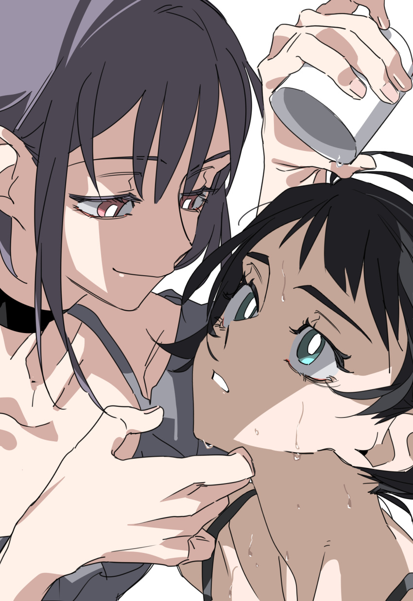 2girls absurdres bang_dream! bang_dream!_it&#039;s_mygo!!!!! black_choker black_hair blue_hair chinese_commentary choker closed_mouth commentary_request cup highres holding holding_cup molu_stranger multiple_girls open_mouth pink_eyes purple_hair short_hair simple_background wet white_background yahata_umiri yuri yuutenji_nyamu