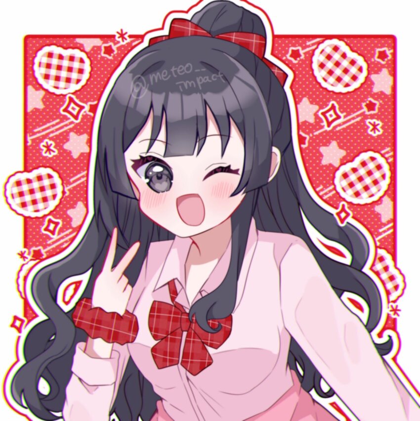 1girl ;d ametan_(meteo_impact) black_hair border bow bowtie breasts collared_shirt commentary dress_shirt grey_eyes gyaru hair_bow hair_bun heart heart_background highres inward_v kogal long_hair looking_at_viewer love_live! love_live!_nijigasaki_high_school_idol_club medium_breasts official_alternate_costume one_eye_closed open_mouth outside_border pink_shirt plaid_bow plaid_bowtie plaid_clothes plaid_scrunchie red_background red_bow red_bowtie school_uniform scrunchie shirt single_hair_bun smile solo twitter_username upper_body v wavy_hair white_border wrist_scrunchie yuki_setsuna