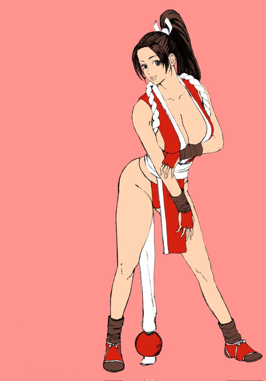 1girl breasts brown_hair cleavage fatal_fury highres large_breasts leaning_forward legs long_hair ponytail shiranui_mai smile snk solo the_king_of_fighters thighs