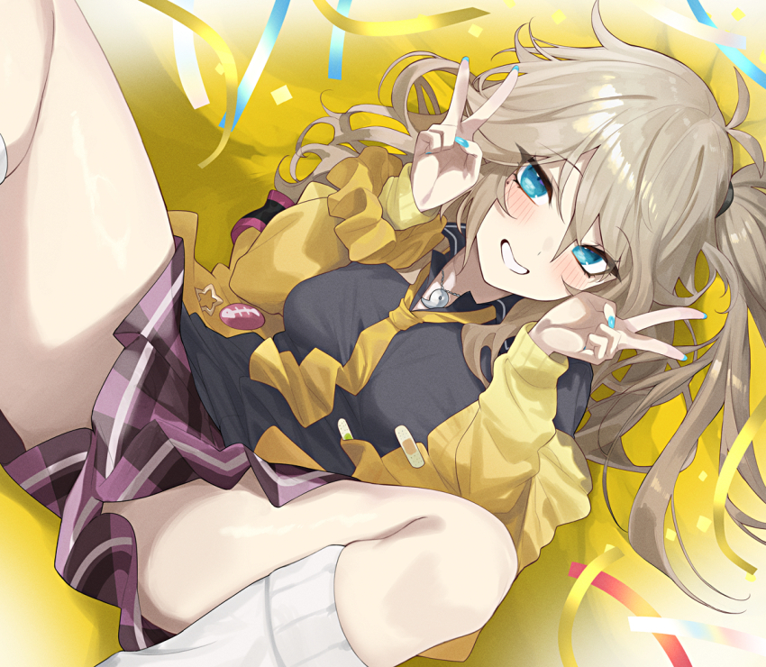 1girl ass blonde_hair blue_eyes blue_nails blush breasts commentary_request confetti double_v grin jewelry kasukabe_tsumugi looking_at_viewer nail_polish necklace necktie pleated_skirt school_uniform serafuku skirt smile socks solo spread_legs v voicevox white_socks yappen