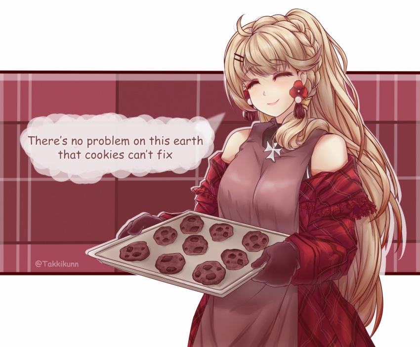 1girl absurdres apron artist_name azur_lane blonde_hair braid breasts closed_eyes cookie cowboy_shot cross cross_necklace dress earrings english_text flower_earrings food gloves highres howe_(azur_lane) howe_(noble_rouge)_(azur_lane) jewelry lips long_hair necklace plaid_clothes plaid_dress ponytail simple_background single_braid smile solo takkikun talking