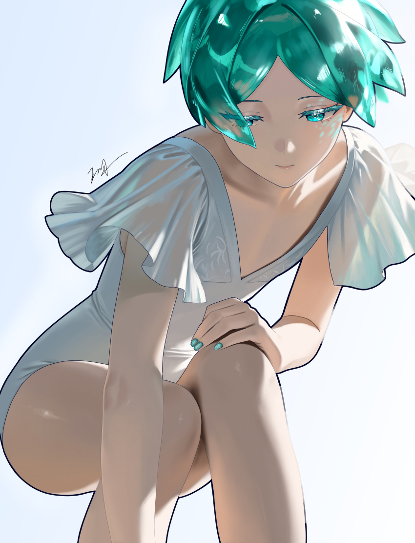 1girl absurdres aqua_eyes aqua_hair closed_mouth collarbone flat_chest frilled_one-piece_swimsuit frills highres houseki_no_kuni looking_down one-piece_swimsuit phosphophyllite short_hair sitting solo swimsuit white_background white_one-piece_swimsuit wuhe2233pz