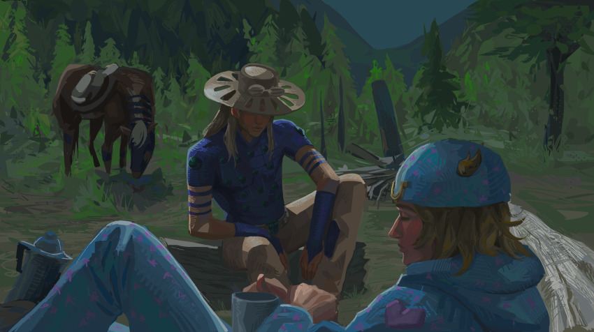 2boys blonde_hair blue_hat blue_hoodie blue_pants brown_hat brown_horse brown_pants closed_eyes cup forest goggles goggles_on_headwear gyro_zeppeli hat hat_over_eyes highres holding holding_cup hood hoodie horseshoe_hat_ornament horseshoe_ornament johnny_joestar jojo_no_kimyou_na_bouken long_hair lying medium_hair mug multiple_boys nature on_back on_floor pants paovuante purple_shirt shirt sitting steel_ball_run valkyrie_(jojo)