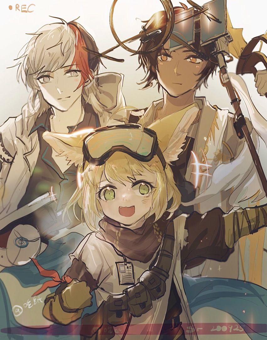 1girl 2boys animal_ears arknights black_hair blonde_hair brown_scarf chinese_commentary chizhi603 closed_mouth commentary_request dark-skinned_male dark_skin elysium_(arknights) fangs fox_ears fox_girl goggles goggles_on_head green_eyes grey_eyes highres holding holding_staff multicolored_hair multiple_boys official_alternate_costume open_mouth orange_eyes recording red_hair scarf staff suzuran_(arknights) suzuran_(lostlands_flowering)_(arknights) thorns_(arknights) white_background white_hair