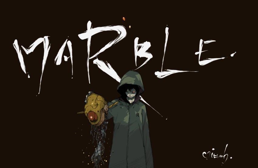 1boy black_background black_hair english_text hood hoodie looking_at_viewer makkamu male_focus one_eye_closed original red_eyes signature