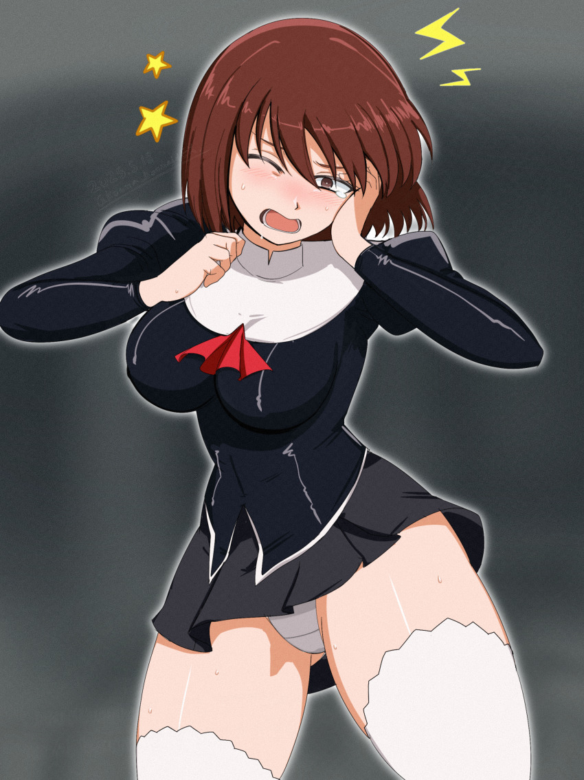 1girl absurdres agent_aika aika_(series) ascot black_delmo black_jacket black_skirt blush brown_hair commentary covered_erect_nipples crotch_seam dated delmogeny_uniform hands_up highres jacket juliet_sleeves kouma_bonmaid long_sleeves one_eye_closed open_mouth panties pantyshot pleated_skirt puffy_sleeves red_ascot rika_(agent_aika) short_hair skirt solo standing underwear white_panties