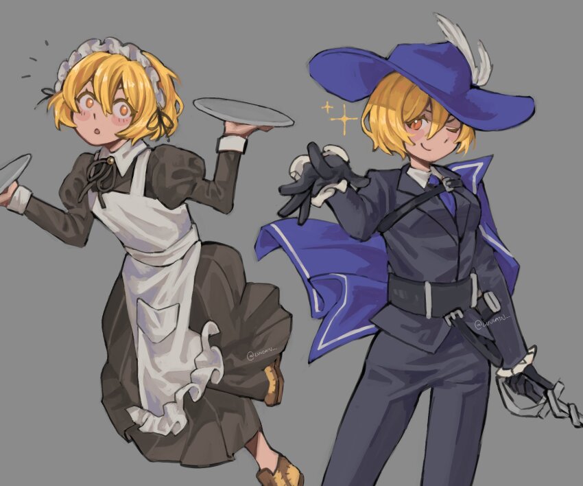 1girl apron black_dress black_gloves black_jacket black_pants blonde_hair blue_cape blue_hat blue_necktie cape cavalier_hat cinq_association_south_uniform collared_shirt don_quixote_(project_moon) dress full_body gloves grey_background hat hat_feather highres holding holding_plate jacket limbus_company long_sleeves looking_at_viewer luvlain maid maid_headdress multiple_views necktie open_mouth pants plate project_moon rapier shirt short_hair simple_background smile solo standing sword weapon white_apron wuthering_heights_(identity)_(project_moon) yellow_eyes