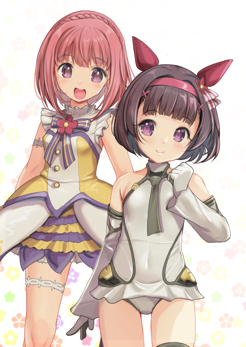 2girls absurdres aikawa_aika aikawa_aika_(cosplay) alice_gear_aegis animal_ears black_hair blunt_bangs braid cosplay costume_switch cowboy_shot crown_braid detached_sleeves dress frilled_dress frills grey_leotard highres horse_ears leotard multiple_girls nishino_flower_(umamusume) nishino_flower_(umamusume)_(cosplay) open_mouth purple_eyes red_eyes red_hair round_teeth short_hair simple_background sleeveless sleeveless_dress teeth umamusume upper_teeth_only white_background yashin_(yasinz) yellow_dress