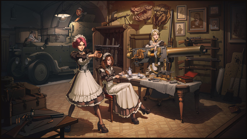 1boy 4girls absurdres apron black_dress blonde_hair braid breasts brown_hair car closed_eyes commentary cup double-barreled_shotgun dress english_commentary glasses gun hair_bun handgun highres holding holding_gun holding_weapon ivan_yakushev lee-enfield_no.4_mk.1. light_machine_gun looking_at_viewer machine_gun madsen_machine_gun maid maid_apron maid_headdress mauser_c96 maxim_gun maxim_machine_gun medium_breasts motor_vehicle multiple_girls original pink_eyes pink_hair plate red_eyes rifle rolls-royce shell_casing shotgun single_hair_bun smile tea_party tea_set teacup v-shaped_eyebrows weapon
