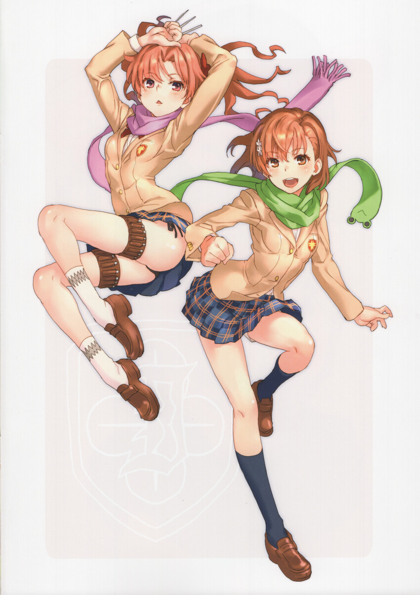 1girl 2girls absurdres ankle_socks arms_on_head black_panties black_socks blazer blue_skirt border bow brown_background brown_footwear buttons clenched_hand collared_jacket crest dot_nose eyelashes floating_clothes floating_hair fringe_trim full_body green_scarf grey_border hair_bow hair_ornament hairclip highres holding jacket jumping kneehighs knees lapels layered_sleeves legs light_blush long_hair long_sleeves loose_hair_strand miniskirt misaka_mikoto multiple_girls needle notched_lapels open_mouth orange_eyes orange_hair outside_border panties pantyshot pink_scarf plaid_clothes plaid_skirt pleated_skirt pocket raika9 red_bow scarf school_uniform shirai_kuroko shirt shoes short_hair skirt smile socks teeth thigh_strap thighs third-party_source throwing_needles toaru_kagaku_no_railgun toaru_majutsu_no_index tokiwadai_school_uniform twintails underwear upper_teeth_only uwabaki wavy_hair white_shirt white_socks yellow_jacket
