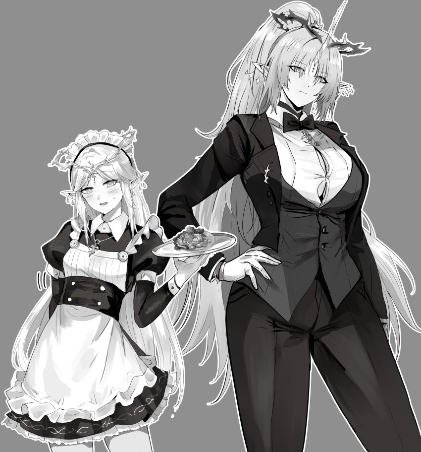 2girls absurdres alternate_costume alternate_hairstyle blush bow bowtie breasts butler button_gap cartethyia_(wuthering_waves) closed_mouth collared_dress commentary cowboy_shot crown_of_thorns dress earrings enmaided female_butler fleurdelys_(wuthering_waves) gloves greyscale hand_on_own_hip highres holding holding_tray jacket jewelry large_breasts long_hair looking_at_viewer maid maid_headdress monochrome multiple_girls necklace open_clothes open_jacket pants pointy_ears ponytail shirt small_breasts smile suit_jacket sweatdrop tacet_mark_(wuthering_waves) tray very_long_hair vest will2012tw wuthering_waves