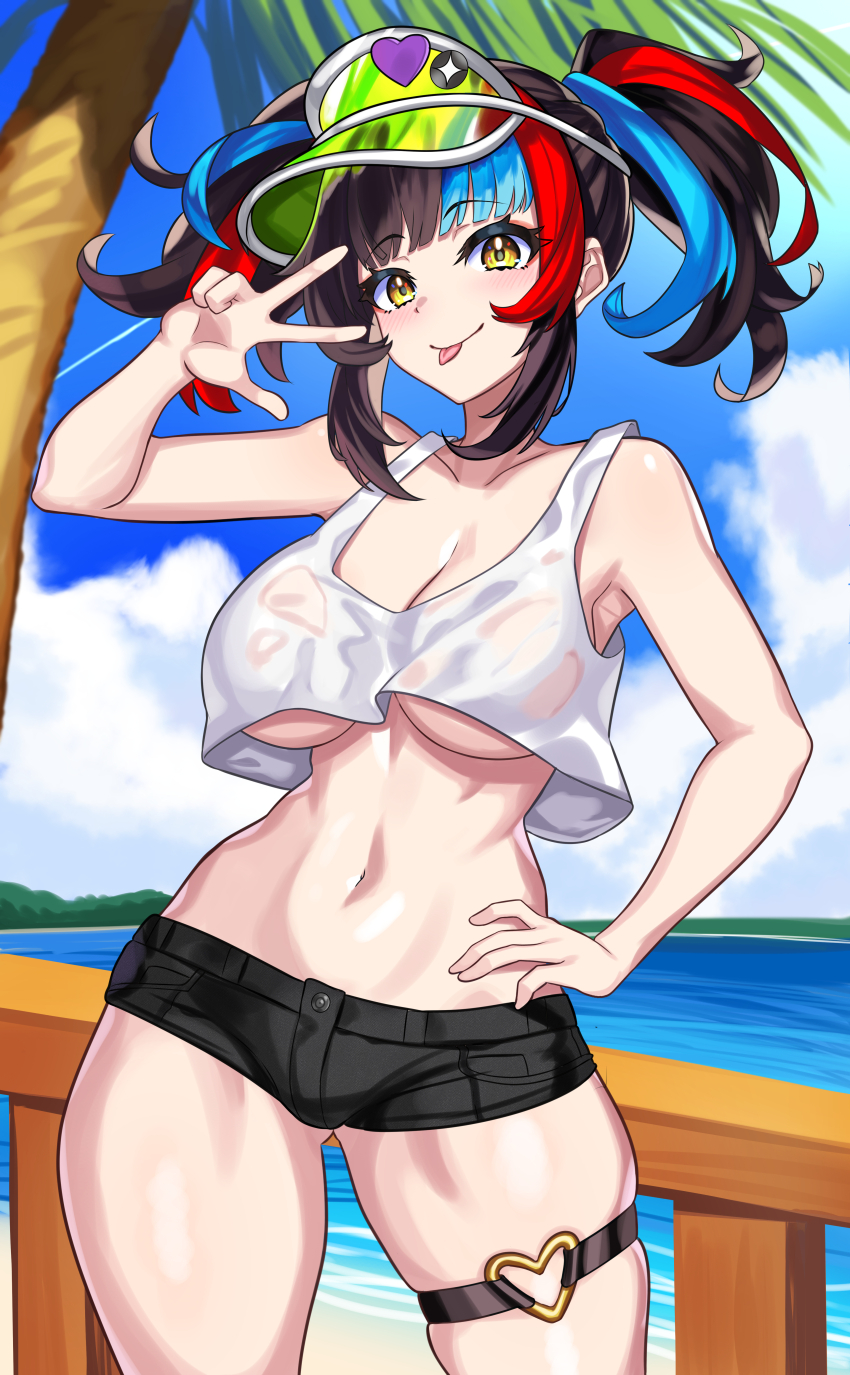 1girl absurdres breasts crop_top fate/grand_order fate_(series) hand_on_own_hip headphones headphones_around_neck highres large_breasts micro_shorts multicolored_hair navel nez-box sei_shounagon_(fate) sei_shounagon_(swimsuit_berserker)_(fate) sei_shounagon_(swimsuit_berserker)_(first_ascension)_(fate) shorts thigh_strap tongue tongue_out twintails underboob v visor_cap yellow_eyes
