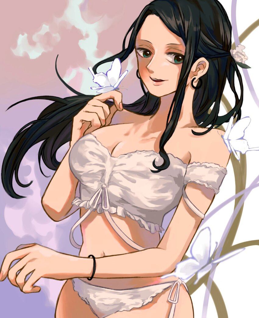 1girl bare_shoulders black_hair bracelet bug butterfly cowboy_shot earrings floating_hair half_updo highres insect jewelry long_hair looking_to_the_side nico_robin one_piece pants sinoda_maru7326 smile smoke white_pants