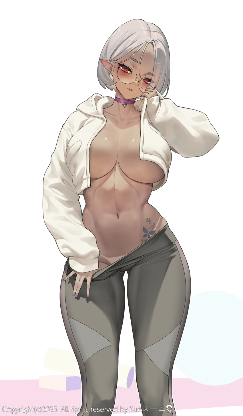 1girl absurdres breasts collar cowboy_shot dark-skinned_female dark_skin elf glasses grey_pants highres long_sleeves looking_at_viewer navel no_bra open_clothes open_shirt original pants pointy_ears red_eyes shirt solo suerte sweatpants tattoo undressing white_hair white_shirt
