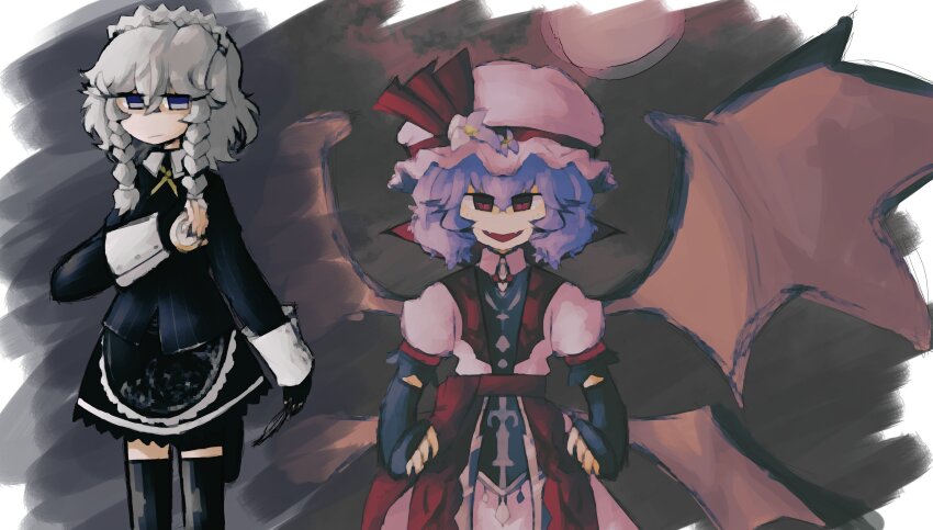2girls absurdres alternate_color bad_id bad_twitter_id bat_wings black_shirt black_skirt blue_eyes braid commentary english_commentary grey_hair hair_between_eyes hat highres holding_stopwatch iesonatana inactive_account izayoi_sakuya koumajou_densetsu long_sleeves looking_at_viewer mob_cap multiple_girls open_mouth parody pink_hat purple_hair red_eyes remilia_scarlet shirt short_hair skirt smile stopwatch touhou watch wings