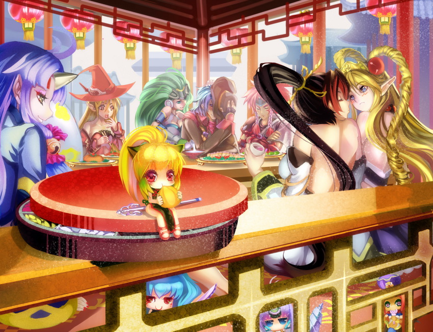 2boys 6+girls aledy_naash alfimi aschen_brodel banpresto blonde_hair blue_eyes blue_hair blush chopsticks cleo_gretel closed_eyes cowboy_hat crossed_arms detached_sleeves drill_hair eating fingerless_gloves food gloves green_hair harken_browning hat highres horns imminent_kiss kos-mos kyon_feulion long_hair mini_person minigirl multiple_boys multiple_girls nanbu_kaguya neige_hausen original pointy_ears ponytail red_eyes single_horn smile st.microscope super_robot_wars super_robot_wars_og_saga_mugen_no_frontier super_robot_wars_og_saga_mugen_no_frontier_exceed suzuka_hime witch_hat xiaomu yuri