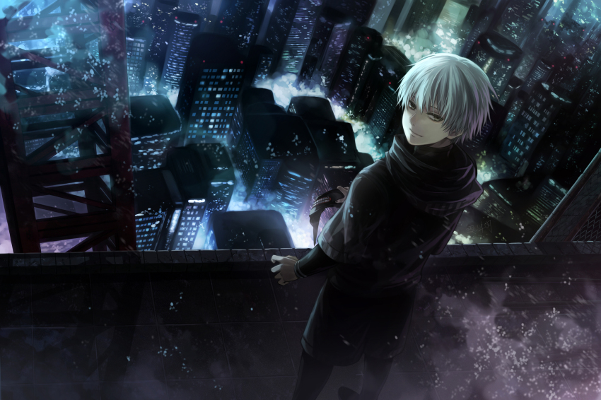10s 1boy angel31424 building city cityscape grey_eyes highres hood hoodie kaneki_ken looking_at_viewer looking_back male_focus mask scenery short_hair smile solo tokyo_ghoul urban white_hair