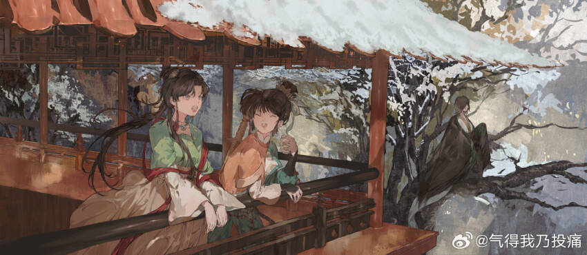 2girls an-an_lee black_hair chocolate_(jitong) getian_(reverse:1999) highres jewelry jiu_niangzi long_hair multiple_girls necklace open_mouth reverse:1999 snow sword tree weapon