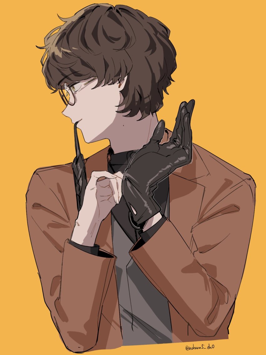 biting biting_glove black_gloves brown_coat brown_hair coat glasses glove_in_mouth gloves highres kamen_rider kamen_rider_gavv_(series) long_sleeves male_focus mouth_hold nohara5_dno open_clothes open_coat putting_on_gloves short_hair simple_background solo suga_kenzo unworn_gloves yellow_background yellow_eyes
