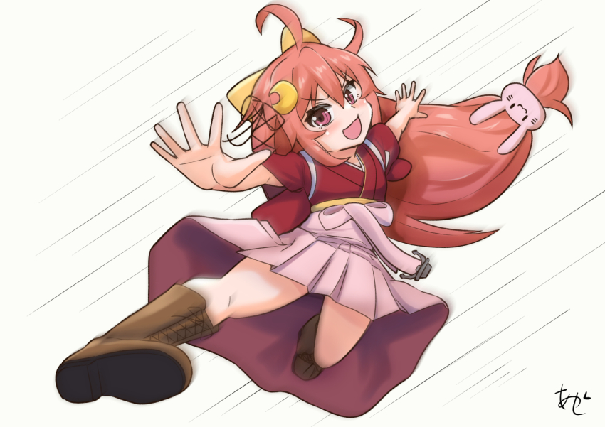1girl ahoge akashieru anchor_ornament boots bow cosplay crescent crescent_hair_ornament hair_bow hair_ornament hakama japanese_clothes kamikaze_(kancolle) kamikaze_(kancolle)_(cosplay) kantai_collection kicking kimono lace-up_boots long_hair looking_at_viewer low-tied_long_hair motion_blur motion_lines one-hour_drawing_challenge orange_hair pink_hakama rabbit_hair_ornament red_eyes red_kimono smile solo speed_lines tasuki uzuki_(kancolle) yellow_bow