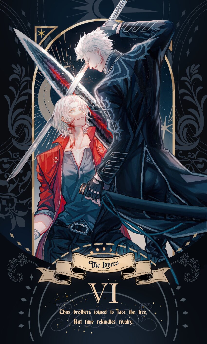 2boys arm_up belt black_belt black_coat black_footwear black_gloves black_pants black_shirt blood blood_on_face blue_background blue_eyes boots brothers closed_mouth coat collared_jacket crescent dante_(devil_may_cry) devil_may_cry_(series) devil_may_cry_5 english_text fighting fingerless_gloves gloves gradient_background grey_background hair_between_eyes highres holding holding_sword holding_weapon injury jacket katana lolvivianli long_sleeves looking_at_another male_focus moon_phases multiple_boys nosebleed open_clothes open_jacket pants rebellion_(sword) red_jacket shirt short_hair siblings simple_background smile sparkle standing star_(symbol) sword t-shirt teeth twins v-shaped_eyebrows vergil_(devil_may_cry) weapon white_hair yamato_(sword) yaoi